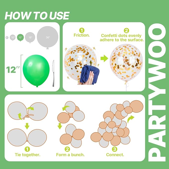 PartyWoo Green Balloons 65pcs 12 Inch Light Lime Dark Emerald Hunter Forest Metallic Green Gold Confetti Balloons for Baby Shower Wedding Engagement Jungle Woodland Birthday Party Decorations