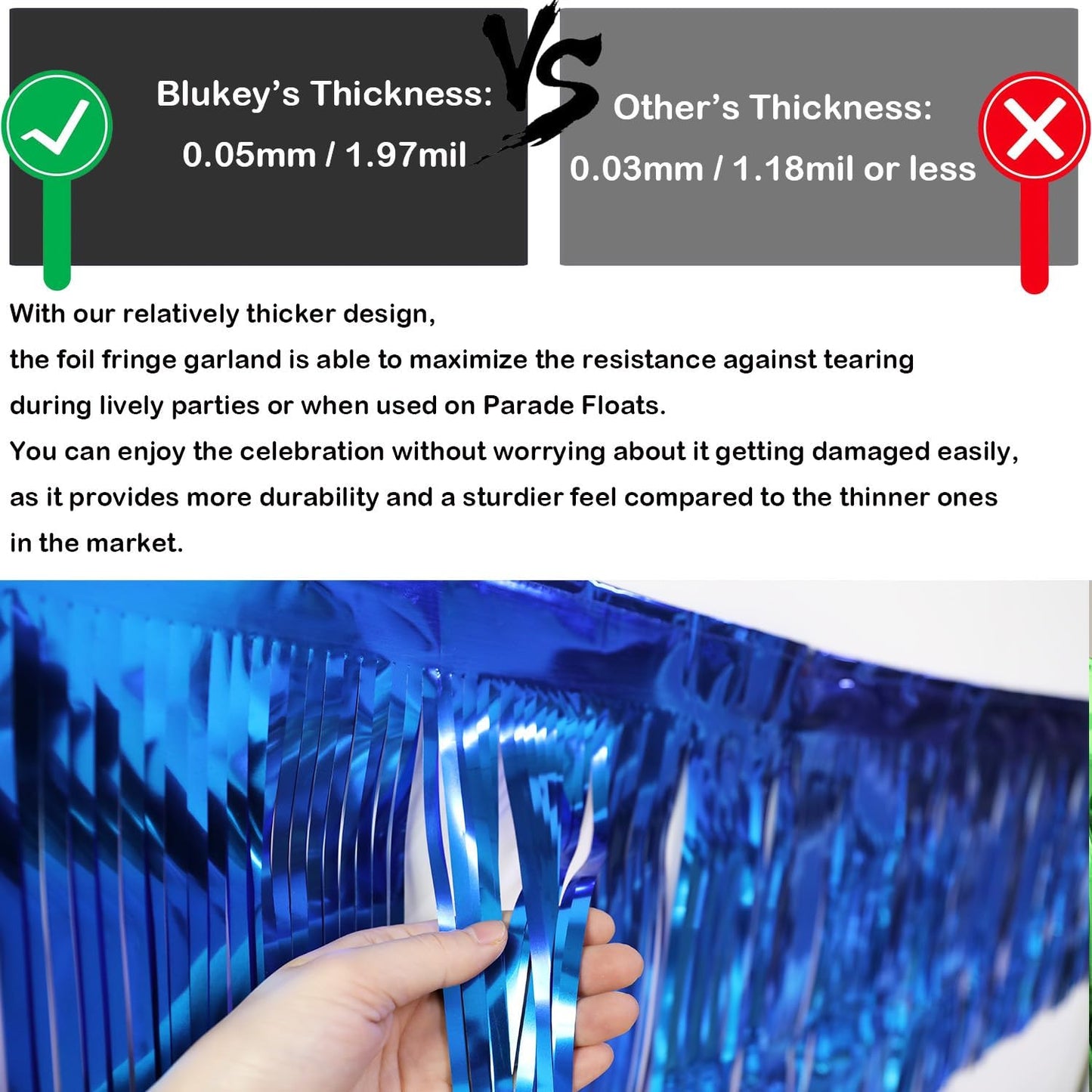 Thick 10 Feet by 15 Inch Royal Blue Foil Fringe Garland - Pack of 3 | Shiny Metallic Tinsel Banner for Parade Floats, Bridal Shower, Wedding, Birthday, Christmas | Wall Hanging Drapes (3)