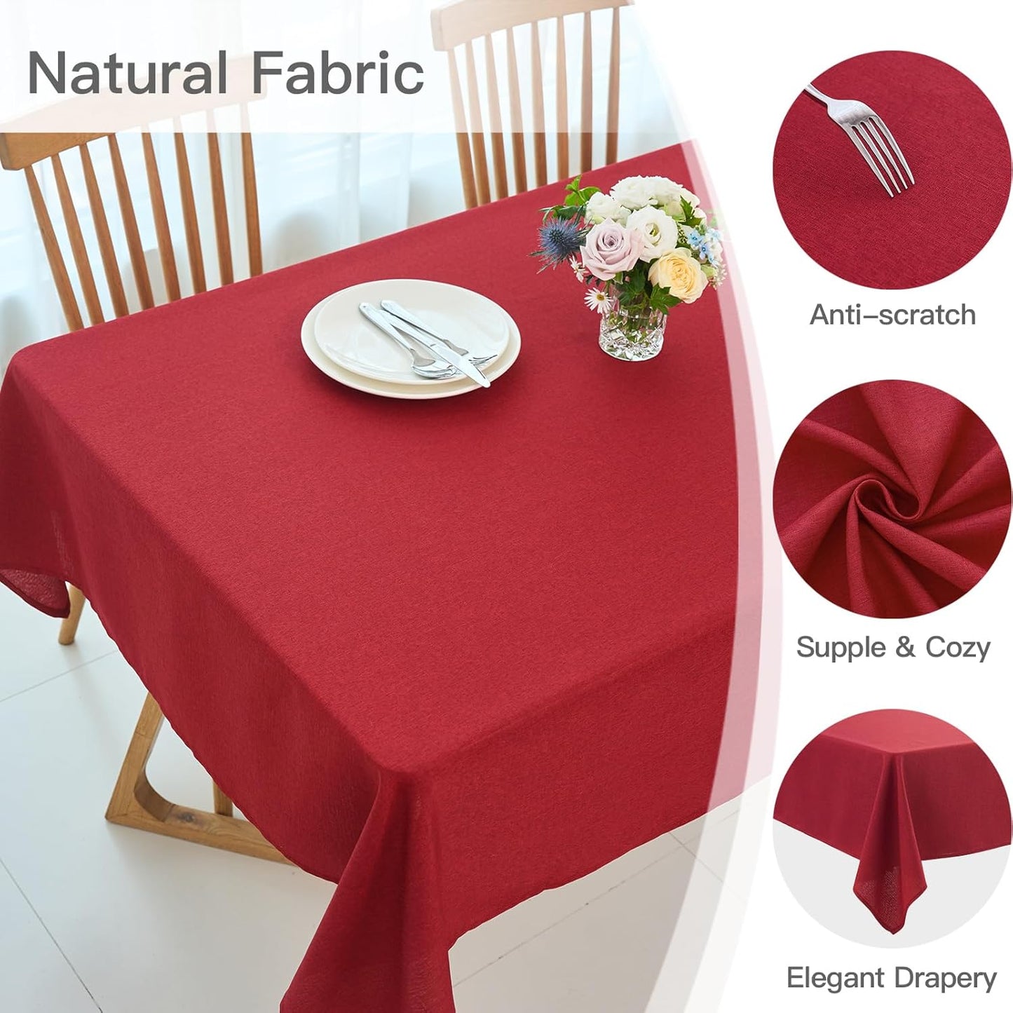 maxmill Rectangle Linen Textured Tablecloth Waterproof Spillproof Wrinkle Free Table Cloth, Kitchen Dining Christmas Tabletop Decoration Washable Fabric Table Cover Holiday Dinner, 52 x 84 Inch, Red