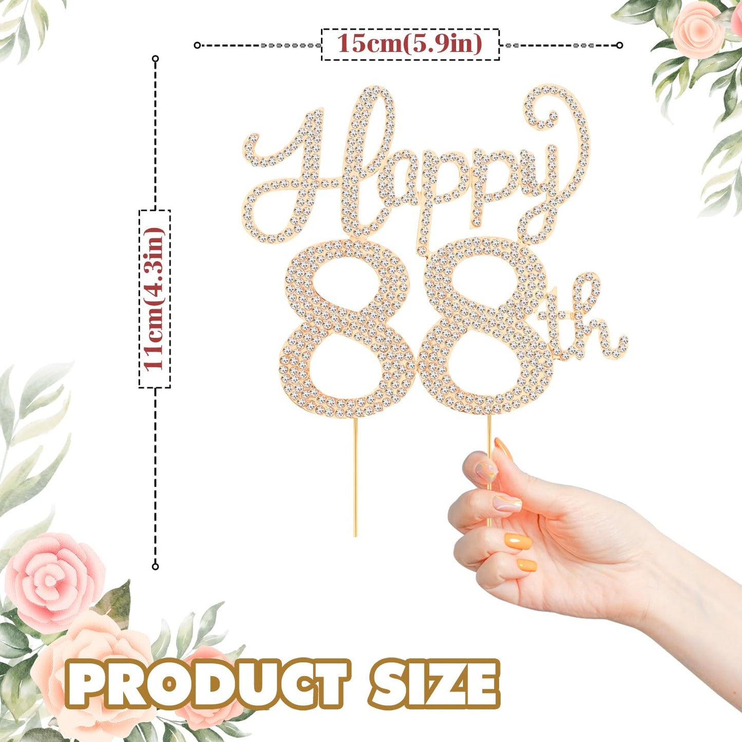 Happy 88th Birthday Decorations,88th Birthday Gold Rhinestone Cake Topper - Cheers to 88 Years Old Bday Party Metal Sparkly Cake Centerpieces Sign.