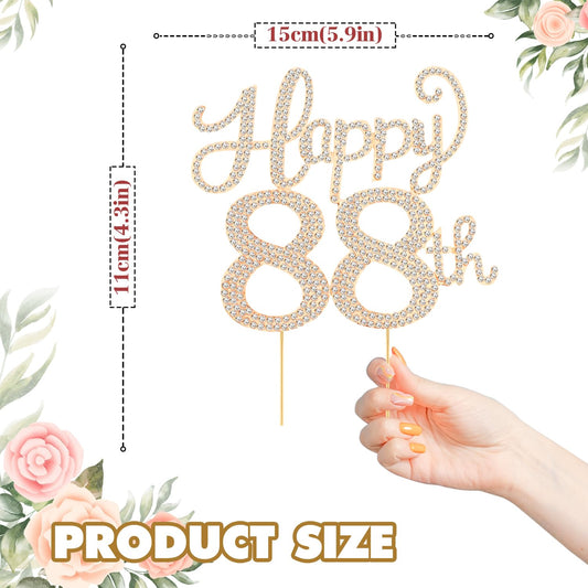 Happy 88th Birthday Decorations,88th Birthday Gold Rhinestone Cake Topper - Cheers to 88 Years Old Bday Party Metal Sparkly Cake Centerpieces Sign.