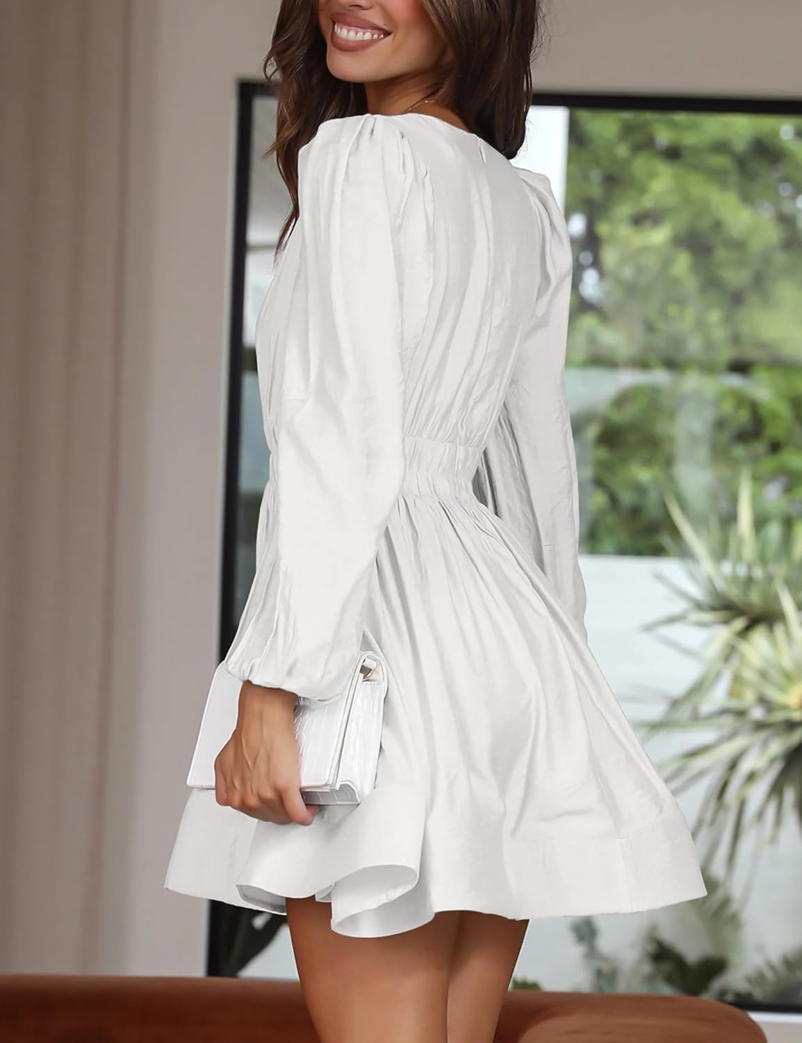 FAIABLE Mini Deep V Sexy Long Sleeve Dress for Women A-line High Waisted Casual Flowy Dress for Cocktail Wedding Guest