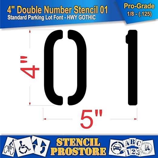 Pavement, Curb, and WheelStop Stencils - 4 inch Double Number Stencil - (01) - 4" x 4" x 1/8" (128 mil) - Pro-Grade