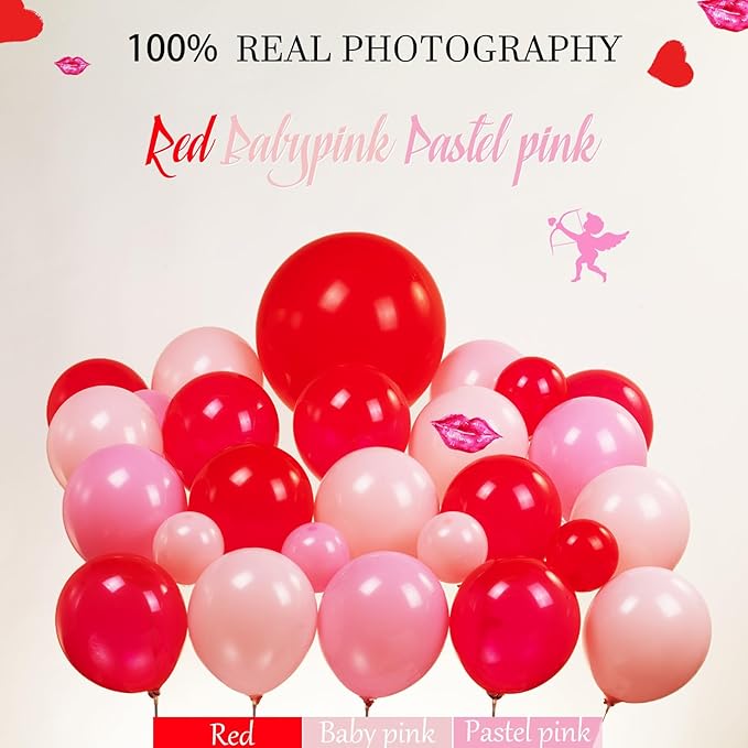 Red Pink balloon garland arch kit 125pcs with Bow and arrow XXOO lip heart shaped balloons for Girls Galentines Valentine's Day Wedding Bachelorette Engagement Anniversary Party decorations (Red Pink)