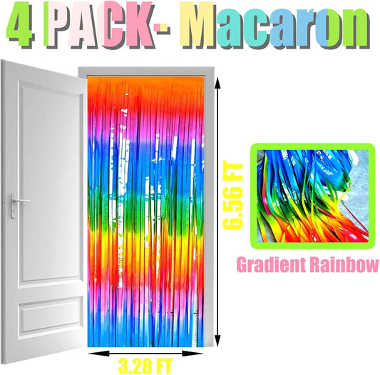 4 Pack Macaron Dark Rainbow Foil Fringe Curtain Backdrop, 3.28Ft x 6.56Ft Streamers Curtains for Party, Photo Booth Props, Birthday, 2022 Graduation Decoration Supplies (dark 2)