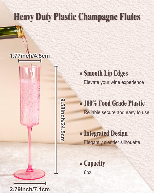 Ciaell 24 Pack Pink Plastic Champagne Flutes - Pink 6 Oz Disposable Champagne Glasses - Square Plastic Toasting Glasses for Party Birthday Anniversary Wedding