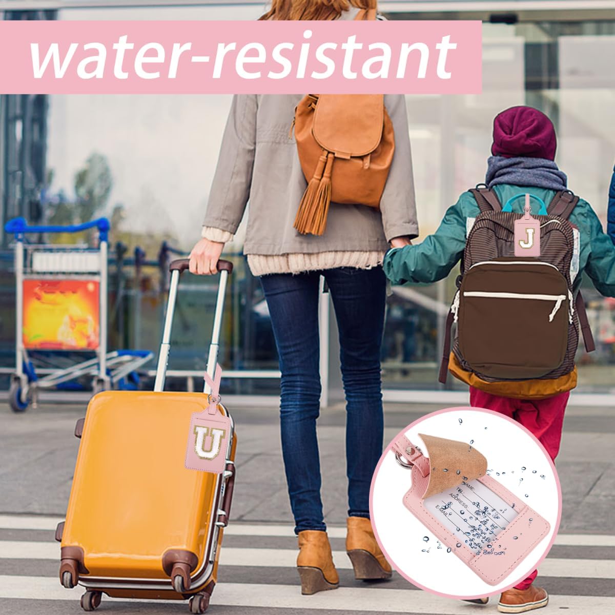 Personalized Initial Luggage Tags for Suitcases, Leather Chenille Letter Cute Luggage Tags with Privacy Name Card, Embroidered Travel Bag Backpack Tags Gifts for Women Kids Girls Teens(Pink-C)