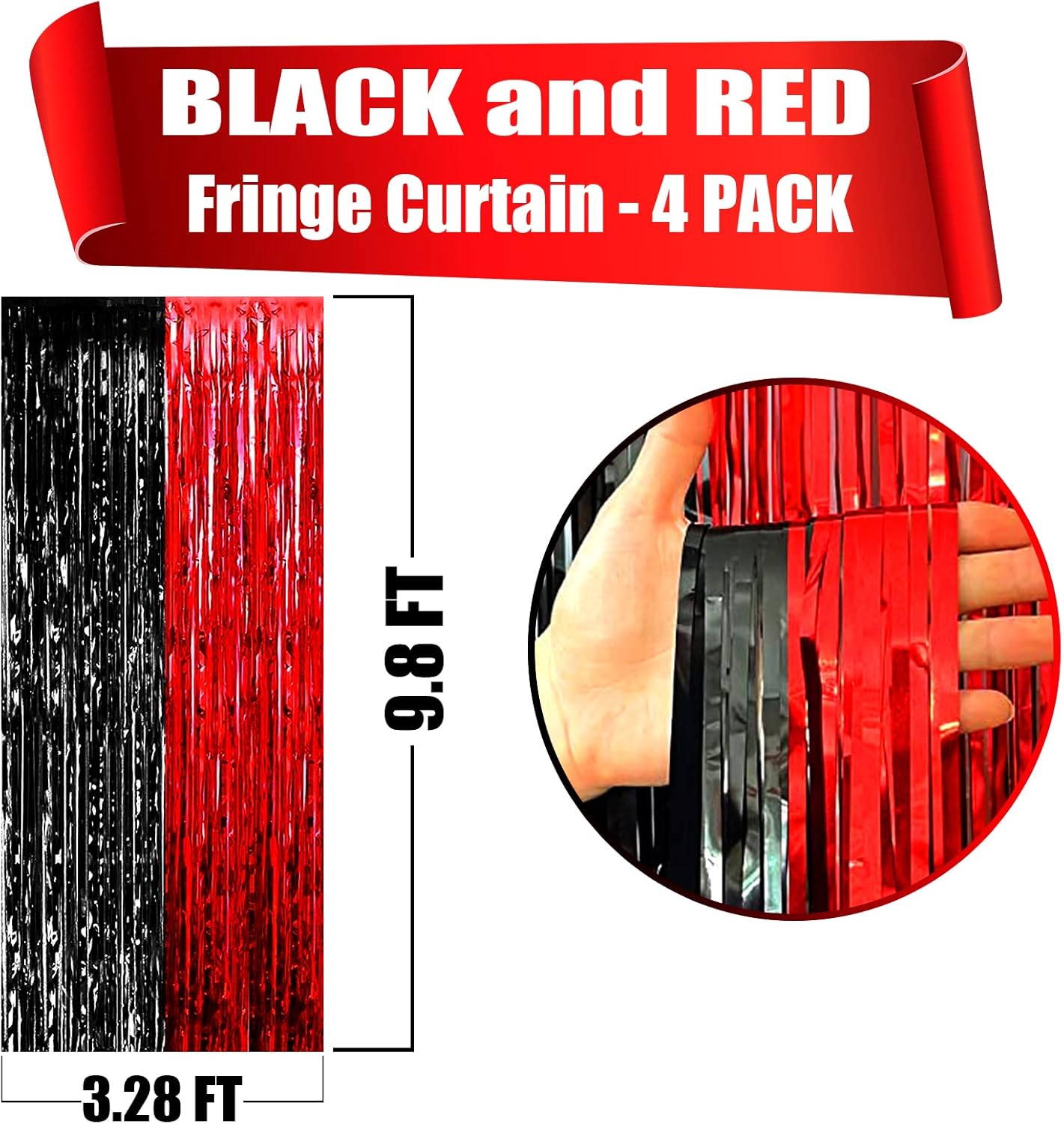 4 Pack Black Red Foil Fringe Curtain Backdrop, 3.28Ft x 9.8Ft Metallic Tinsel Foil Fringe Streamers Curtains for Photo Booth, Wedding, Casino Viva Las Vegas Game Night Birthday Party Decoration