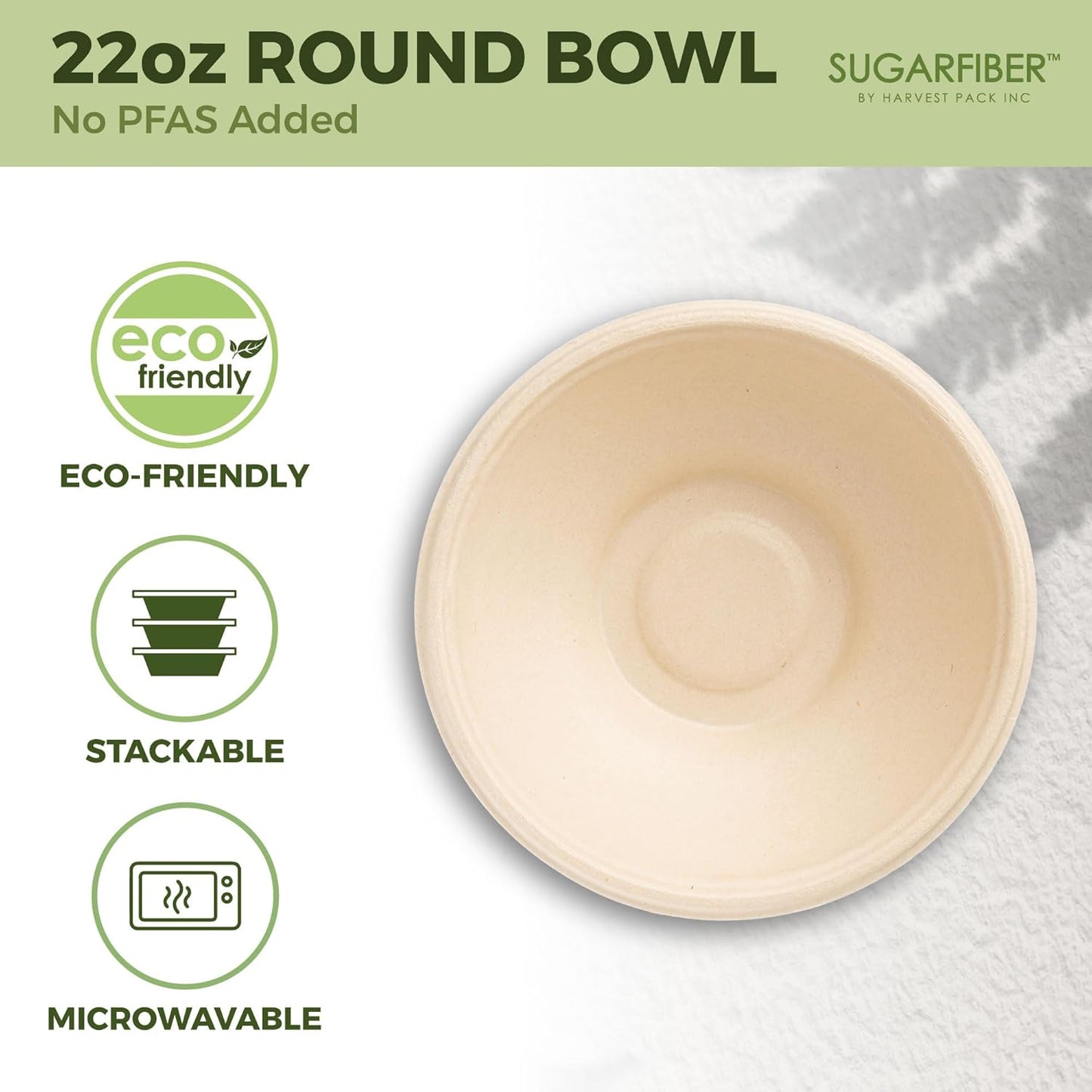 [1000 Count]Sugarfiber by Harvest 22oz Round Bowls PFAS Free with PLA coating - Compostable Heavy-Duty Eco-Friendly Disposable Bagasse Bowl Sugarcane made plant fibers for Meal Prep
