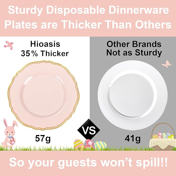 Hioasis 60pcs Pink Plastic Plates - Pink and Gold Disposable Dinnerware with Gold Rim, Heavy-duty, 10.25 inch, Dinner Plates for Party & Easter