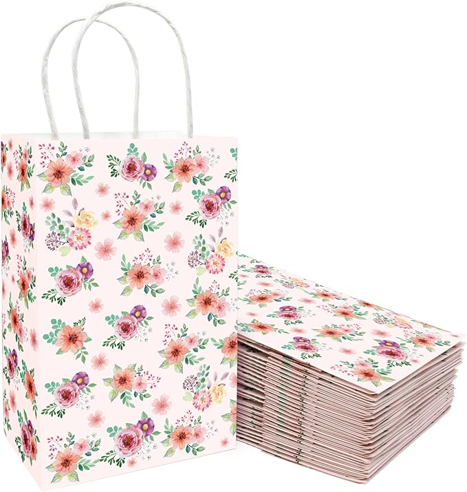Fancy Land Floral Gift Bags with Handles Spring Paper Party Favor Bag for Wedding Birthday Bridal Baby Shower 24 Pack