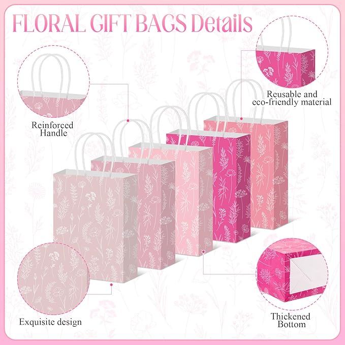 Kolldenn 50 Pcs Pink Wildflower Gift Bags with Handles Paper Floral Goodie Welcome Bag for Wedding Guest Baby Shower Bridal Birthday Party Favor, 5.91 x 3.15 x 8.27 Inches