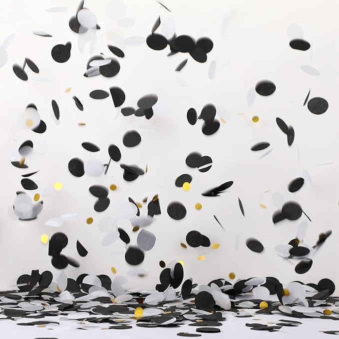 TecUnite Black White Gold Confetti Round Tissue Paper Table Confetti Dots for Wedding Birthday Party Decoration Arts Craft DIY Scrapbooking, 1.76 oz (2.5 cm)