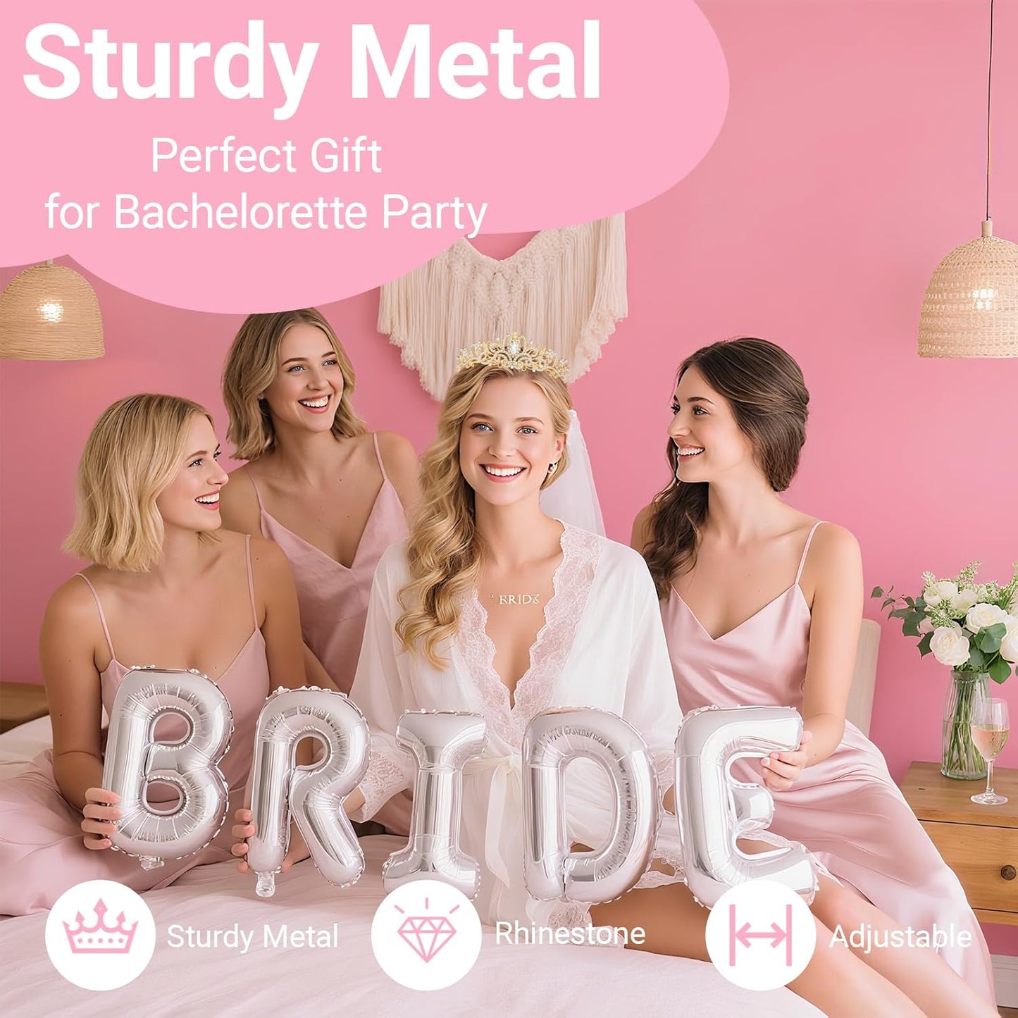 3Pcs Bride to Be Crown with Sash and Veil for Bachelorette Party Decorations, Bridal Shower Accessories for Gift, Favors