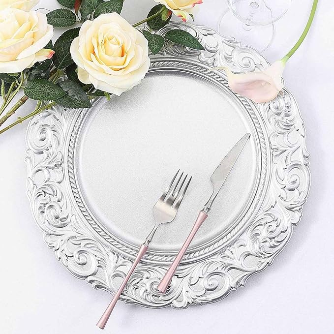 Efavormart Set of 6 SILVER 14" Round Plastic Charger Plates With Engraved Baroque Design Rim For Wedding Party Events