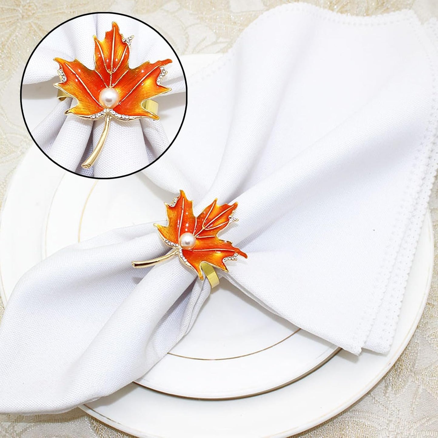 8Pcs Maple Leaves Napkin Rings, Fall Metal Napkin Rings Holder Maple Leaves Serviette Buckle Holder Autumn Pearl Maple Leaf Napkin Buckle for Harvest Season Thanksgiving Fall Decoration