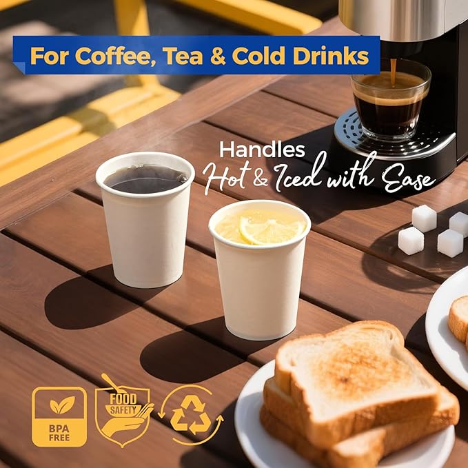 Fit Meal Prep 100 Pack 8 oz Disposable Paper Coffee Cups, Premium White Hot Cups for Hot/Cold Beverage, Durable Thickened Paper Cup Bulk for Party, Daily Use, Office, Home, Bistros