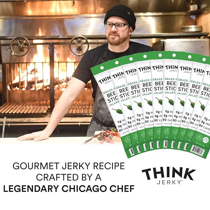 Think Jerky, Jalapeno Grass-Fed Beef Sticks, Master Case,1 Ounce (10 packs of 5) Sugar Free, Gluten Free, No Nitrates, Keto Friendly, Paleo, High Protein, Low Carb