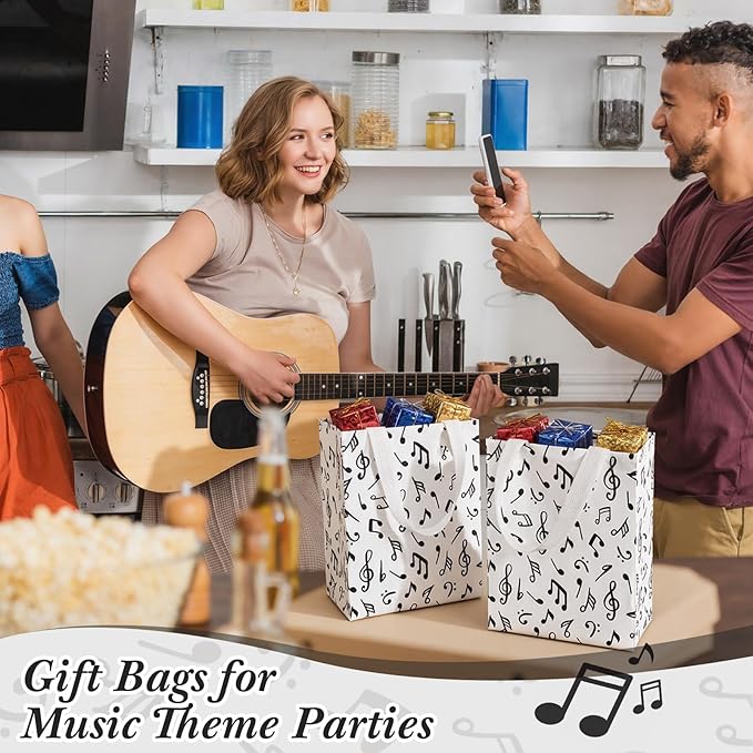 Supervitae 24 Pack Music Theme Gift Bags Medium Black Music Notes Party Favor Bags Musical Reusable Totes Non Woven Goodie Totes for Wedding Birthday Baby Shower Family Travel(9.8" x 7.9" x 3.9")