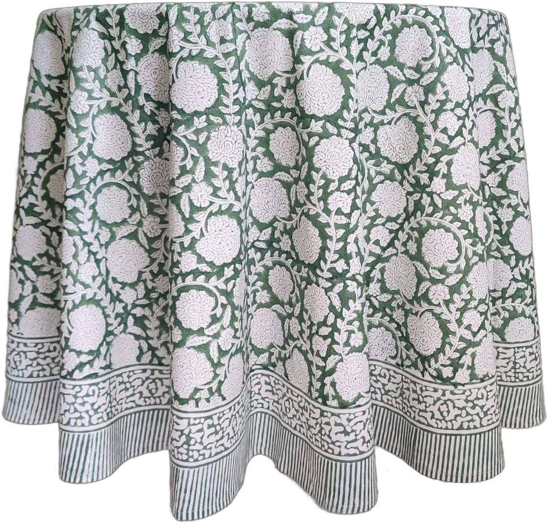 ATOSII Shalimar Green 100% Cotton Round Boho Fall Tablecloth, Handblock Floral Table Cloth Linen for Kitchen Dining I Parties Wedding Outdoors Christmas Thanksgiving I Fall Home Decor 60" Inches Round