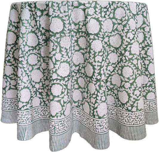 ATOSII Shalimar Green 100% Cotton Round Boho Fall Tablecloth, Handblock Floral Table Cloth Linen for Kitchen Dining I Parties Wedding Outdoors Christmas Thanksgiving I Fall Home Decor 60" Inches Round