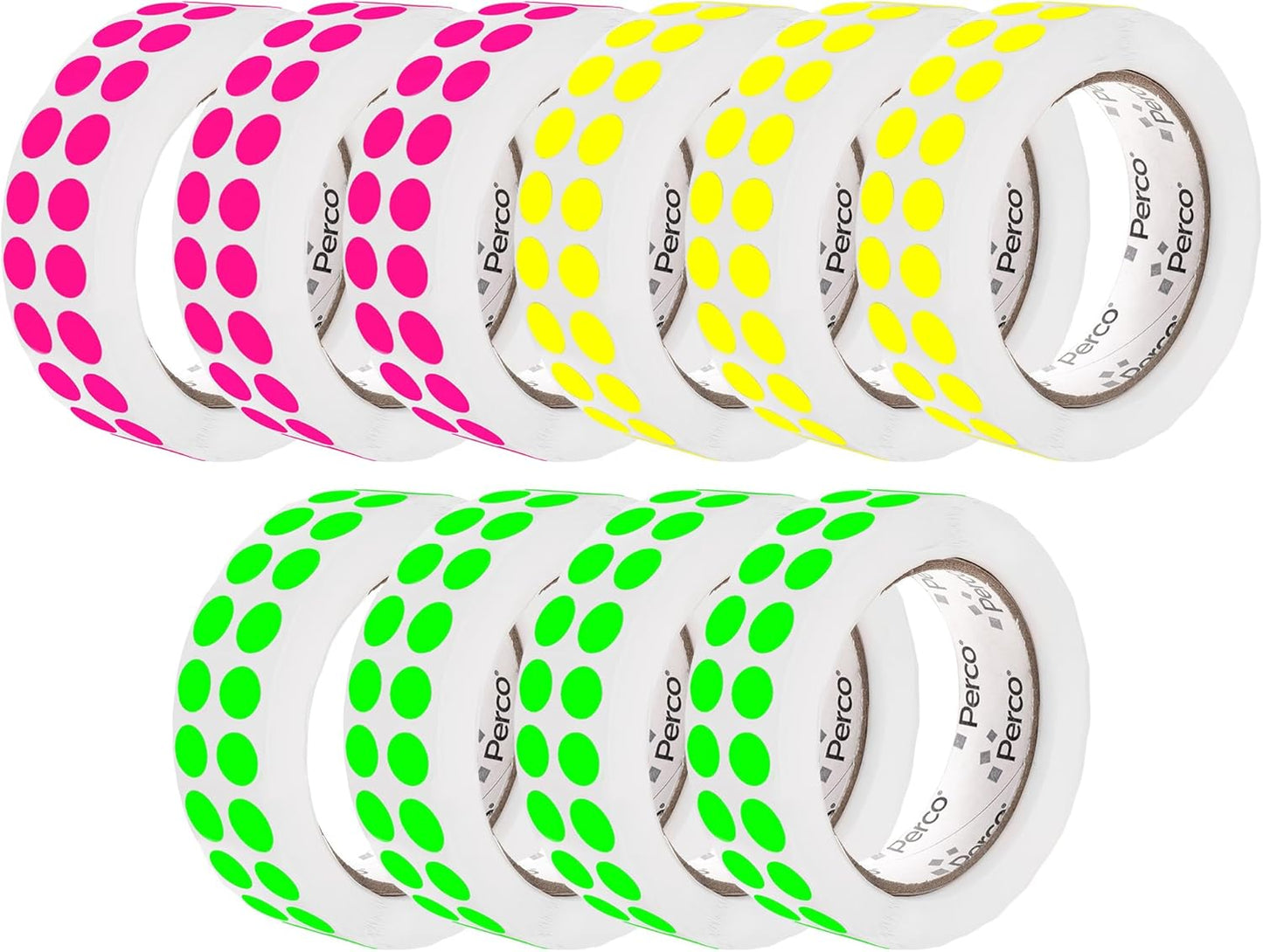 Perco 1/2 Inch Perforated Circle Dot Sticker Labels — 10 Rolls, 30,000 Round Fluorescent Stickers (4 Green, 3 Yellow, 3 Pink)—with Permanent Adhesive for Calendars, Color Coding, Crafting—Made in USA