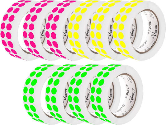 Perco 1/2 Inch Perforated Circle Dot Sticker Labels — 10 Rolls, 30,000 Round Fluorescent Stickers (4 Green, 3 Yellow, 3 Pink)—with Permanent Adhesive for Calendars, Color Coding, Crafting—Made in USA