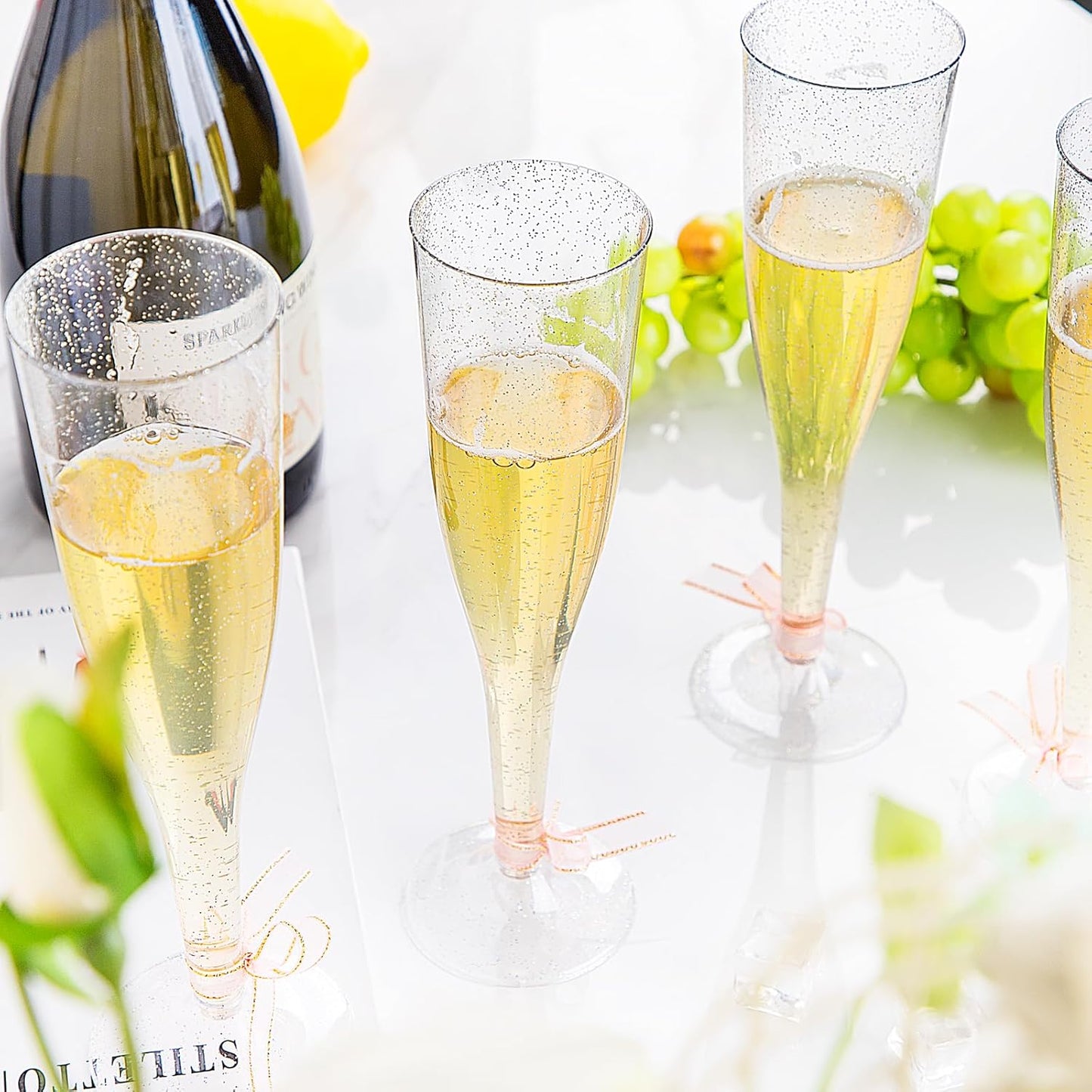 WDF 36 Pack Silver Glitter Plastic Champagne Flutes - 7OZ Disposable Silver Champagne Glasses for Christmas Party, Wedding, New Year