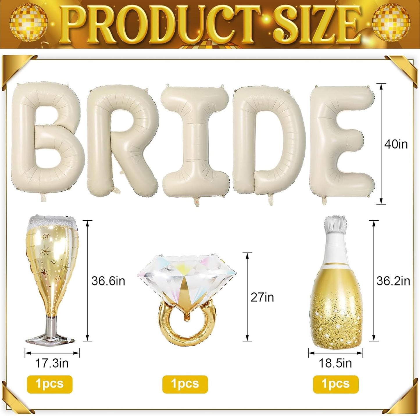 40inch Bride Balloons Beige Letters Banner, Sand White Bachelorette Party Decorations Set with Diamond Ring Champagne Bottle Balloon Glass Foil Balloon for Nude White Bachelorette Engagement Wedding