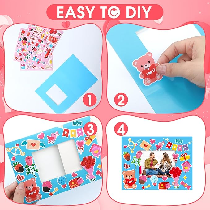 Jetec 48 Sets Valentines Picture Frames Craft Kit DIY Photo Frames Sticker Craft Make Your Own Paper Picture Frame for Home Activities Party Favors Decorations(Pink)