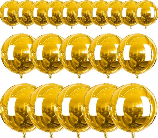 PartyWoo Metallic Gold Foil Balloons 20pcs Different Sizes Pack of 22 15 10 Inch Large Round Foil 4D Inflatable Mirror Ball Mylar Balloons for Graduation Birthday Baby Shower Party Decorations