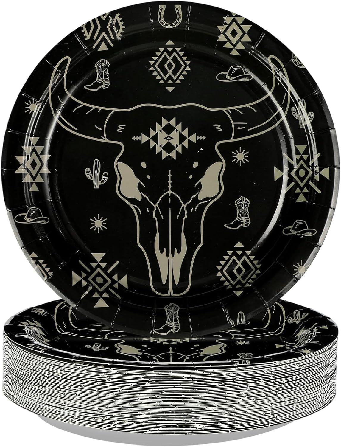 Grencian 50Pcs Bull Skull Decorations 9in Heavy Duty Disposable Western Cow Skull Desert Paper Plates For Southwestern Cowboy Party Supplies