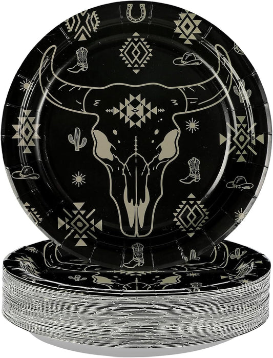 Grencian 50Pcs Bull Skull Decorations 9in Heavy Duty Disposable Western Cow Skull Desert Paper Plates For Southwestern Cowboy Party Supplies