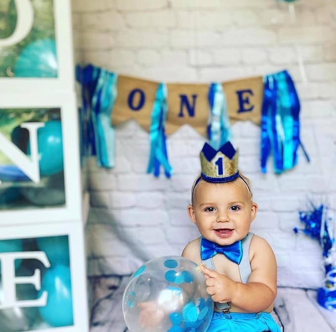 Baby 1st Birthday Boy Decorations with Crown - Baby Boy First Birthday Decorations High Chair Banner - Cake Smash Party Supplies - Happy Birthday ONE Burlap Banner, No.1 Gold and Blue Crown