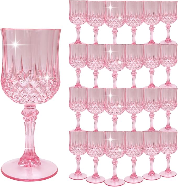 Plastic Wine Glasses, Plastic Goblets Vintage Style Cordial Unbreakable Drinking Glasses,Reusable Drinkware for Wedding Reception, Grand Event Party Supplies, Easter(24, Pink)