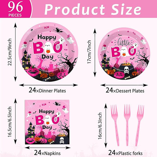 96Pcs Halloween Happy Boo Day Party Supplies - Pink Ghost Pumpkin Paper Plates, Napkins, Dinnerware & Party Favors - Serves 24