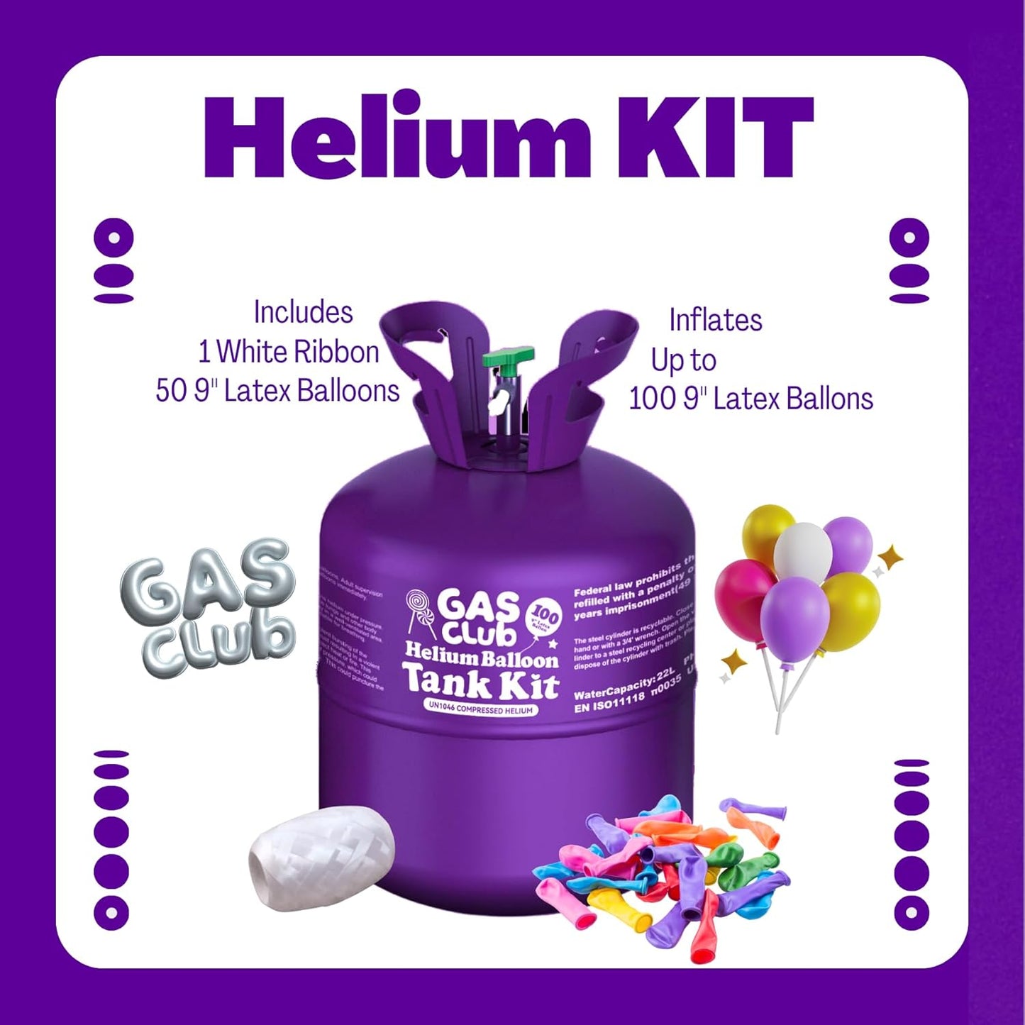 22L Helium Tank Up To 100 Latex Balloons, Helium Tank For Balloons At Home, Includes Latex Balloons and Ribbons.