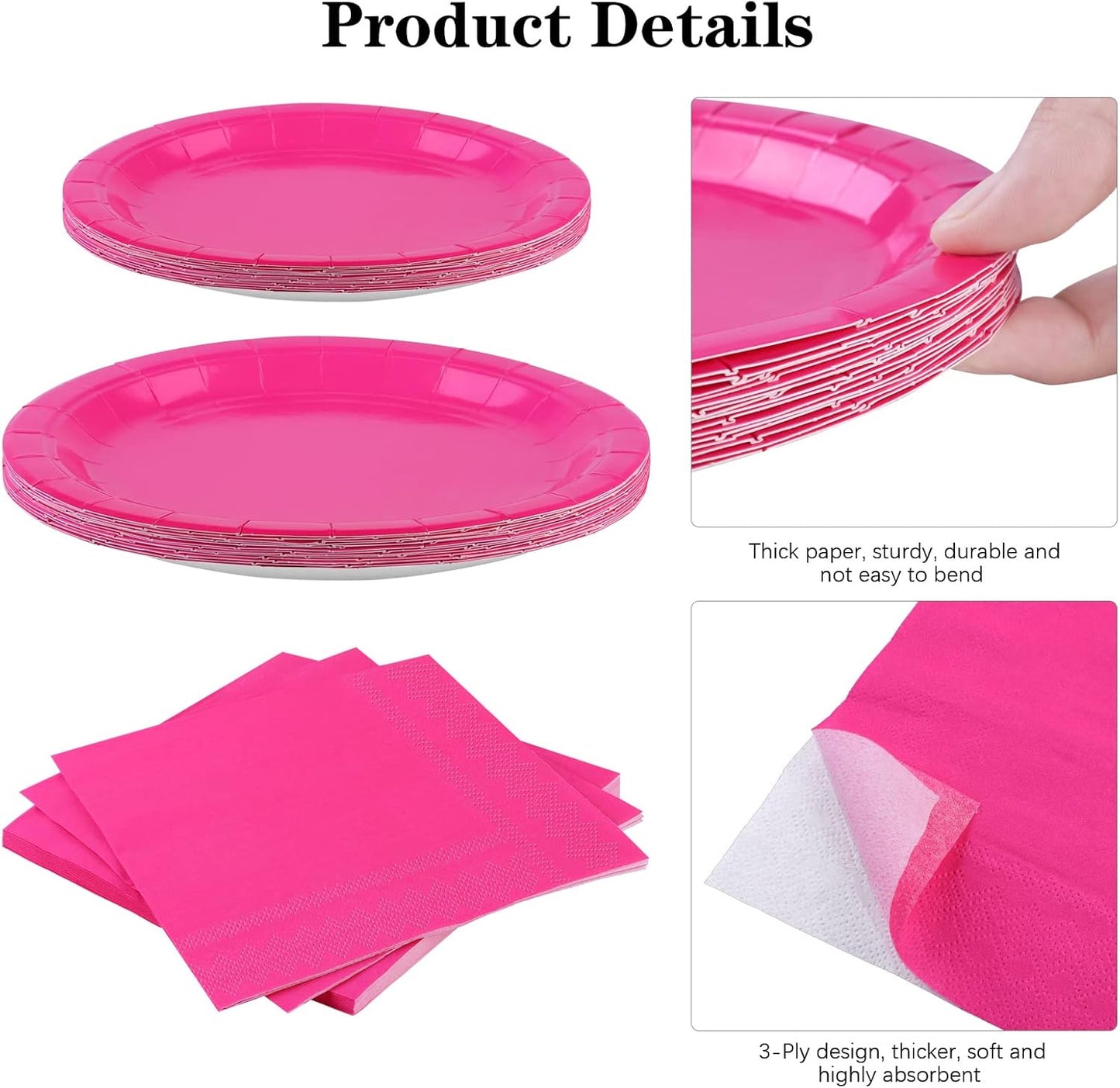 Ruisita 48 Pieces Hot Pink Party Supplies Solid Hot Pink Tableware Including 7 Inch and 9 Inch Paper Dinner Plates 2 Ply Napkins for Wedding, Birthday Party, Picnic, Barbecue (Serves 16)