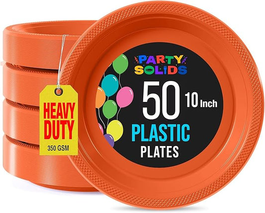 Exquisite Party Solids Orange Plastic Plates For Party Supplies 10" Orange Disposable Plates Heavy Duty 50 Pcs Plastic Dinnerware Sets Heavy Duty 350 GSM Disposable Dinnerware Set