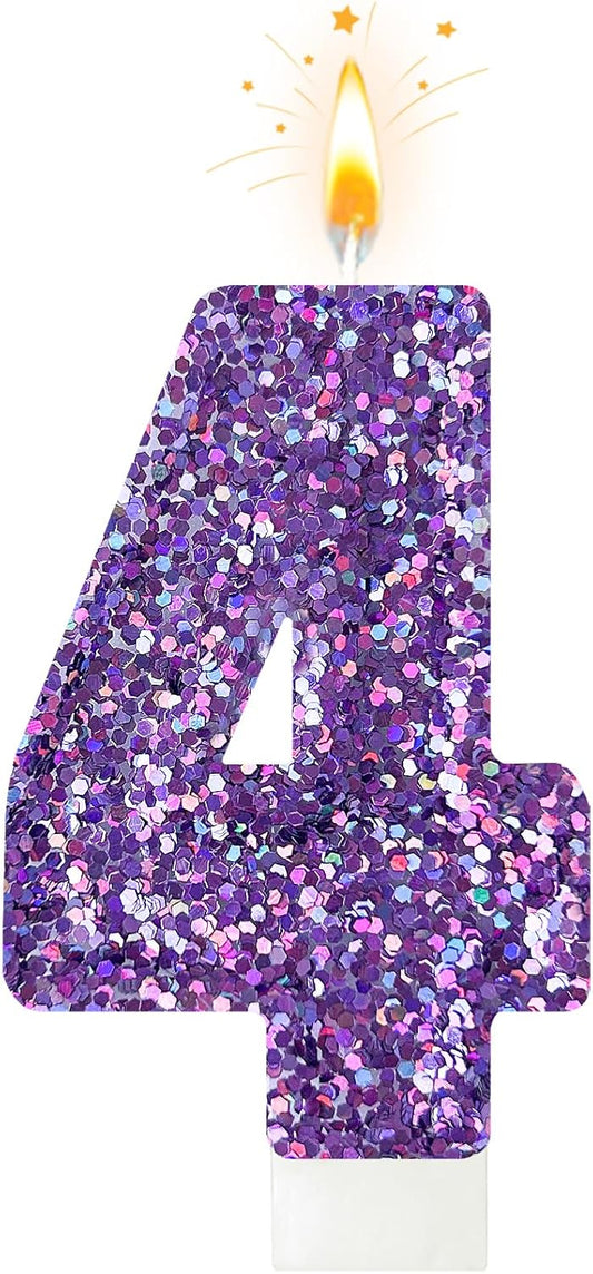 Birthday Number Candles, Glitter Number Candle Cake Decorations with Sequins, Cupcake Decorations for Girls, Women, Party Anniversary Celebrations (Number 4, Purple)