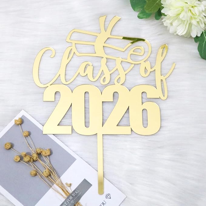 Mirror Acrylic Class of 2026 Cake Topper, Congrats Grad Cake Toppers - Gold Glitter Graduation Party Decorations
