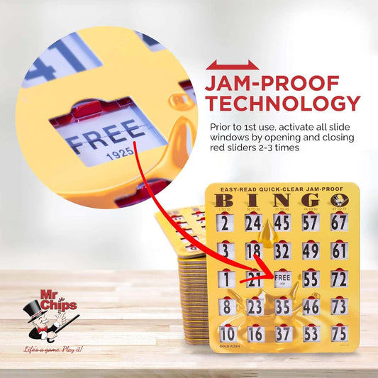 MR CHIPS Jam-Proof Bingo Cards with Sliding Windows, 25 Reusable Shutter Cards, 75 Calling Cards 1 Master Board in Gold Rush Style