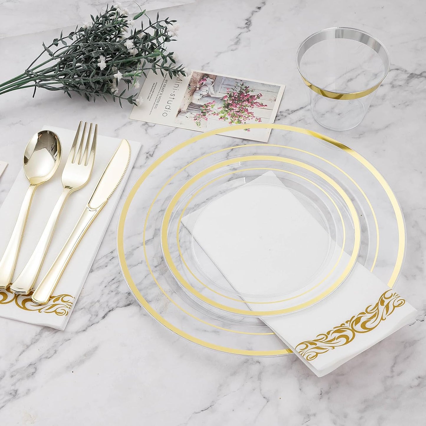BESTVIP 350PCS Clear Gold Disposable Dinnerware Set for 50 Guests, Plastic Plates for Party, Wedding, Christmas, Halloween, Include: 100 Plastic Plates, 50 Gold Silverware, 50 Cups, 50 Napkins