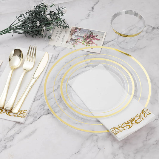 BESTVIP 350PCS Clear Gold Disposable Dinnerware Set for 50 Guests, Plastic Plates for Party, Wedding, Christmas, Halloween, Include: 100 Plastic Plates, 50 Gold Silverware, 50 Cups, 50 Napkins