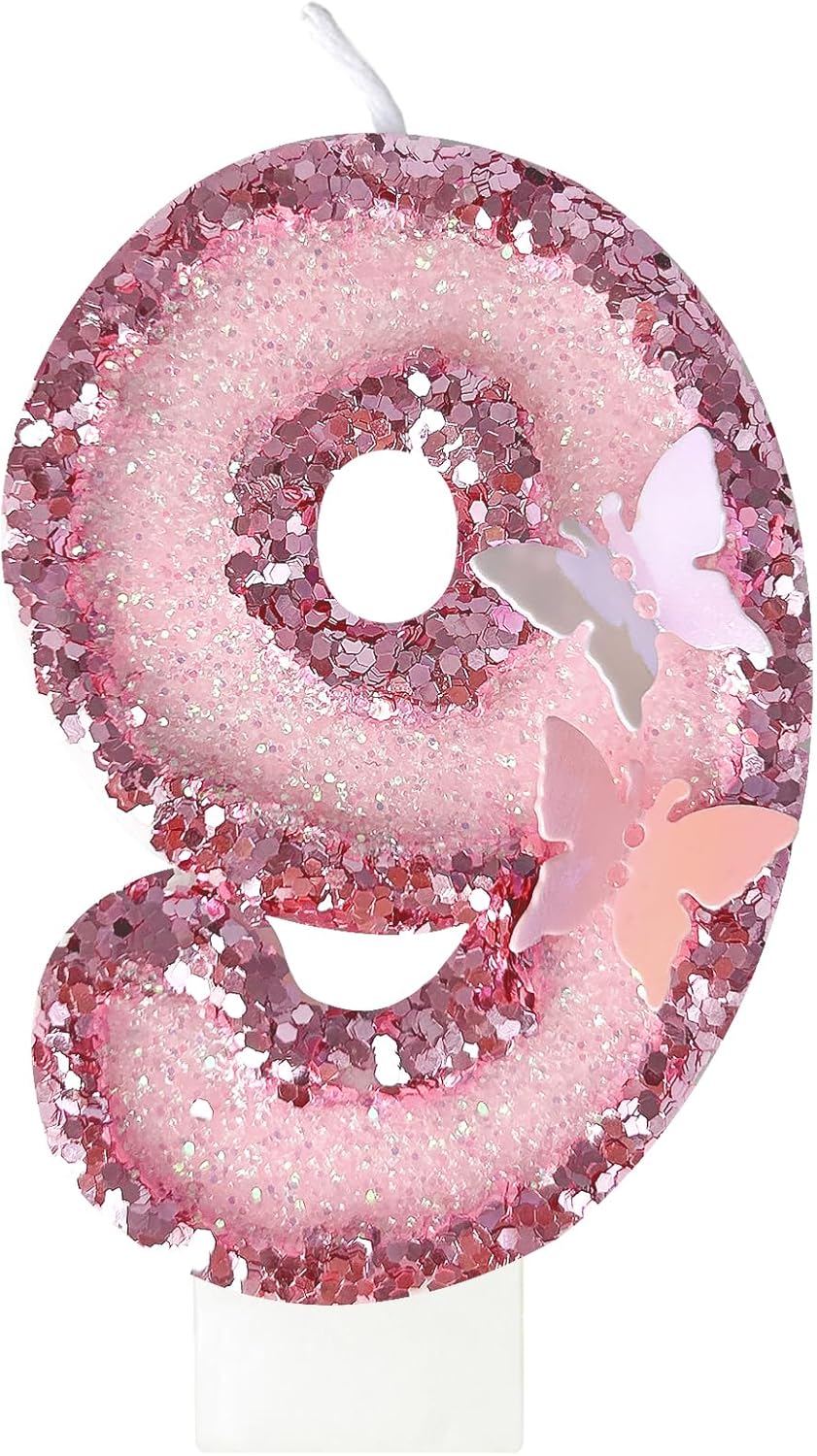 9th Birthday Candles，Glitter Butterfly Cake Toppers Pink Sequins Wedding Numeral Cupcake Decorations，Suitable for Girl and boy Wedding Cakes, Party Celebrations, Birthday Decorations