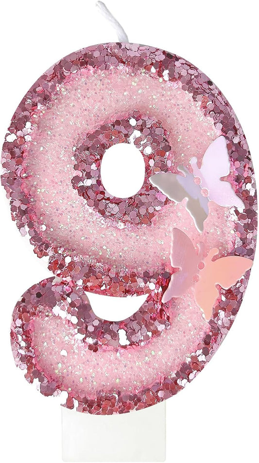 9th Birthday Candles，Glitter Butterfly Cake Toppers Pink Sequins Wedding Numeral Cupcake Decorations，Suitable for Girl and boy Wedding Cakes, Party Celebrations, Birthday Decorations