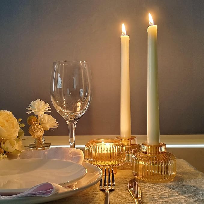 Woho Gold Candle Stick Candle Holder Set of 8, Votive Candle Holders for Wedding Party Table, Ribbed Glass Taper Candle Holders for Birthday Christmas Decor