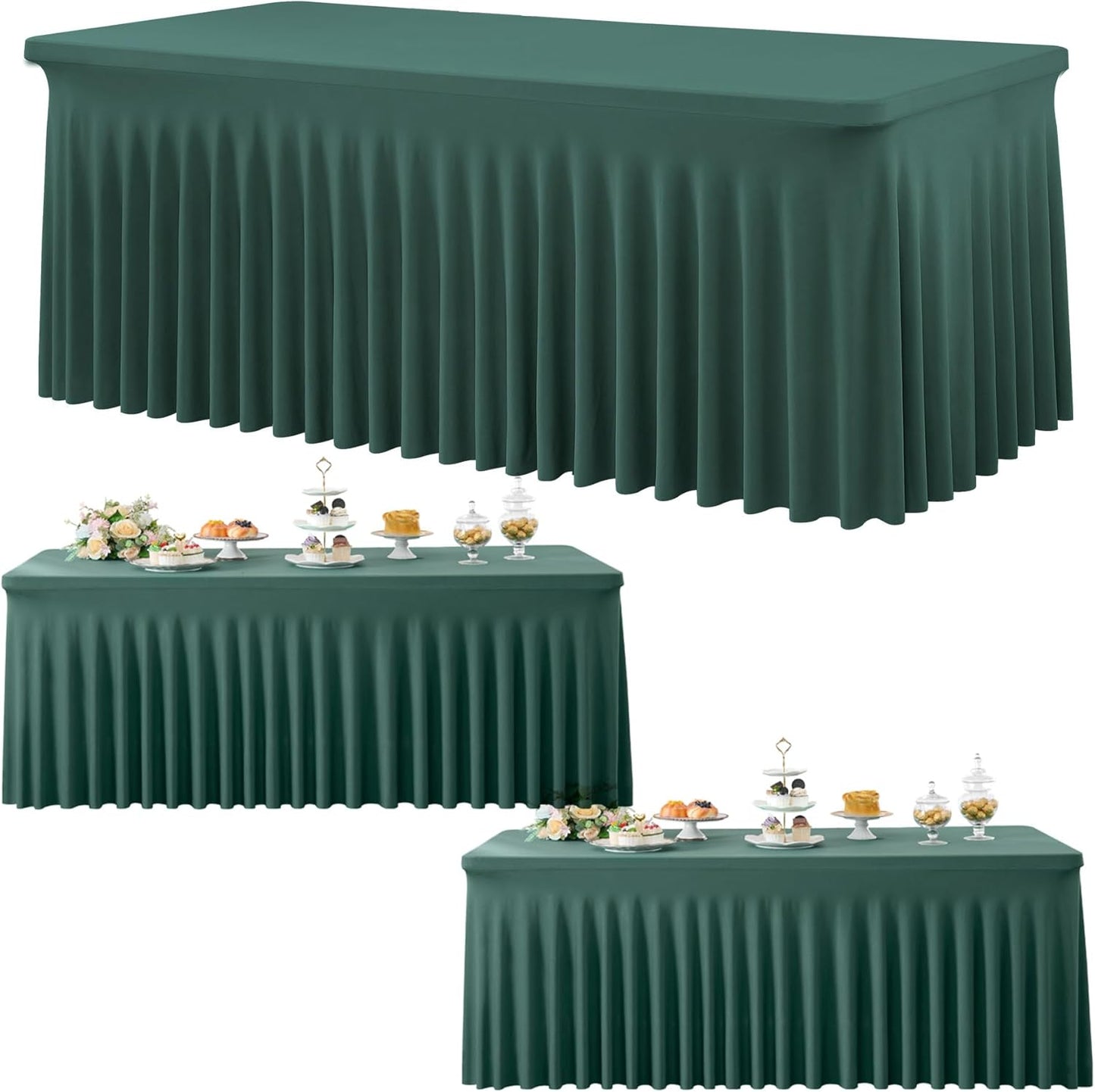 3 Pack Hunter Green Spandex Tablecloth for 6 Foot Rectangle Tables, Wrinkle Free Fitted Table Cloth Cover 6ft Green Stretchy Tablecloths Desk Skirt for Parties Weddings Birthday Banquet Baby Shower