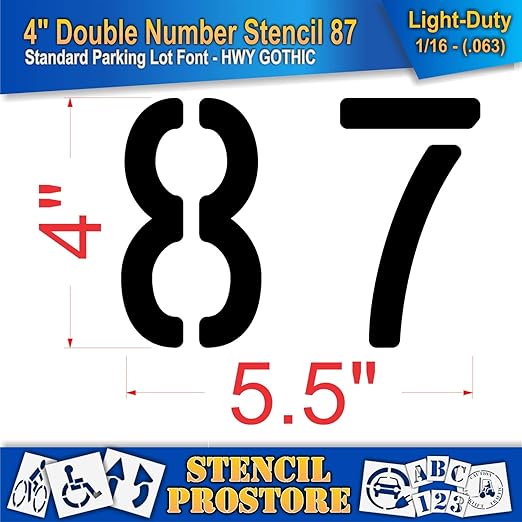 Pavement, Curb, and WheelStop Stencils - 4 inch Double Number Stencil - (87) - 4" x 5.5" x 1/16" (63 mil) - Light-Duty