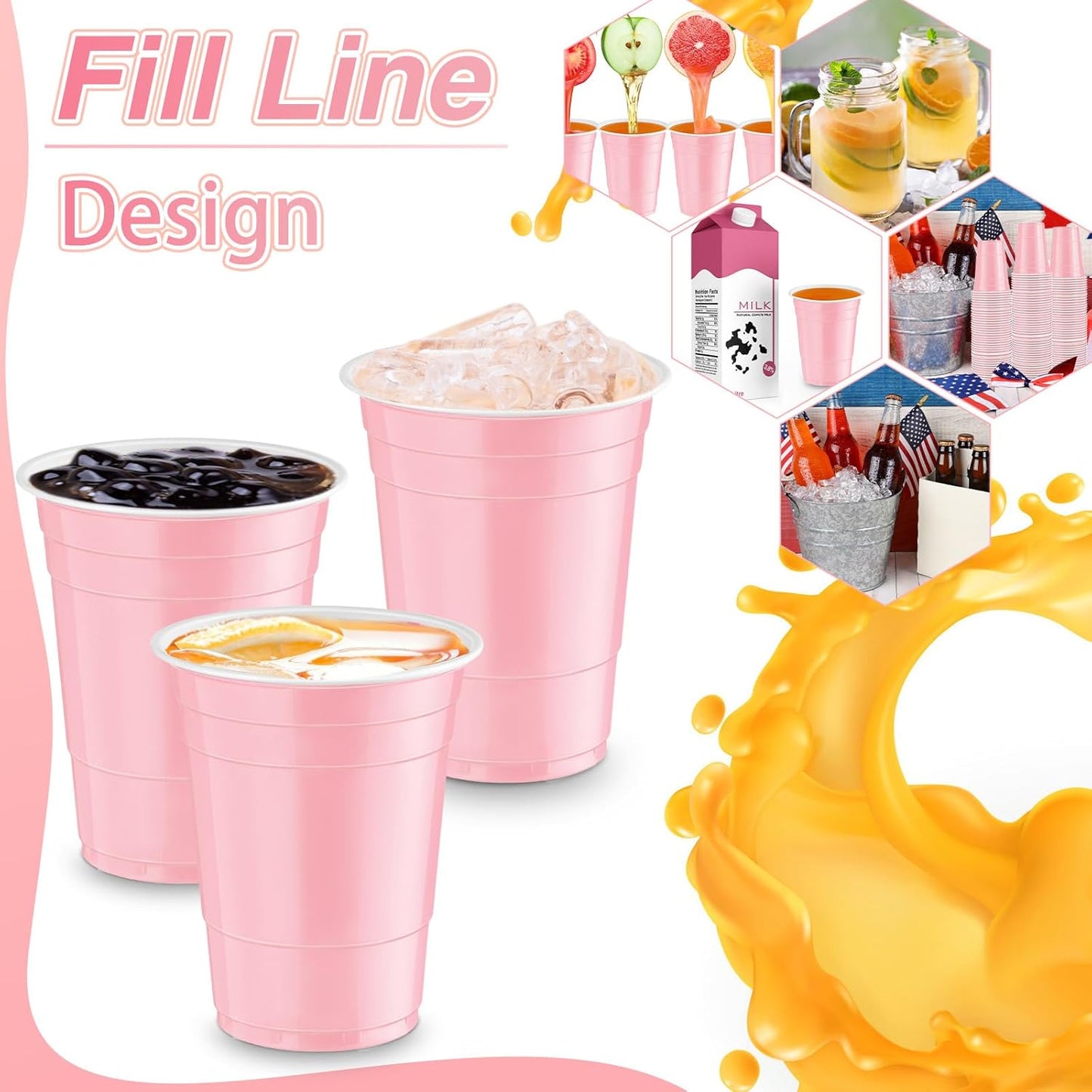 Lounsweer 100 Pack 16 Ounce Christmas Plastic Party Cups Disposable Heavy Duty Drinking Water Cups for Holiday Christmas Festival Wedding New Year Birthday Party Supplies(Light Pink)